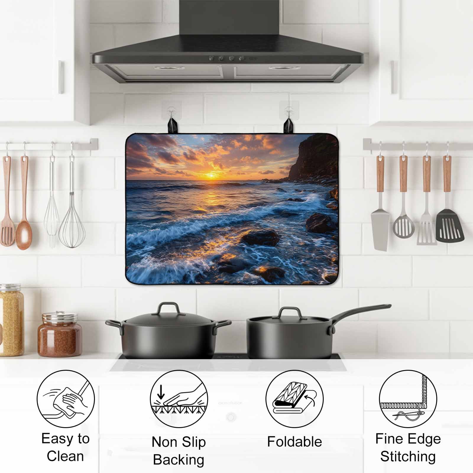 Beach Reef Stove Top Cover for Electric Stove, Heat-proof & Non Slip Glass Top Stove Cover Protector, Beach Sunset Ocean Waves Natural Scenery Kitchen Flat Cooktop Rubber Mat 24x21 Inches