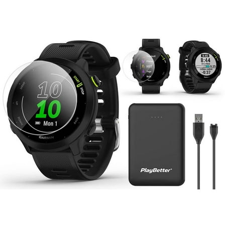 Garmin Forerunner 55 (Black) GPS Running Smartwatch Power Bundle with PlayBetter Portable Charger & HD Screen Protectors