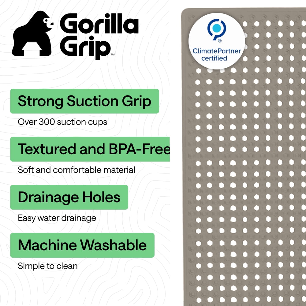 GORILLA GRIP Patented Bath Tub Shower Mat, Machine Washable Bathtub Floor Liner Mats, Suction Cups and Drain Holes to Keep Tubs Clean, Soft on Feet, Bathroom Essentials, 35x16 Inch, Beige