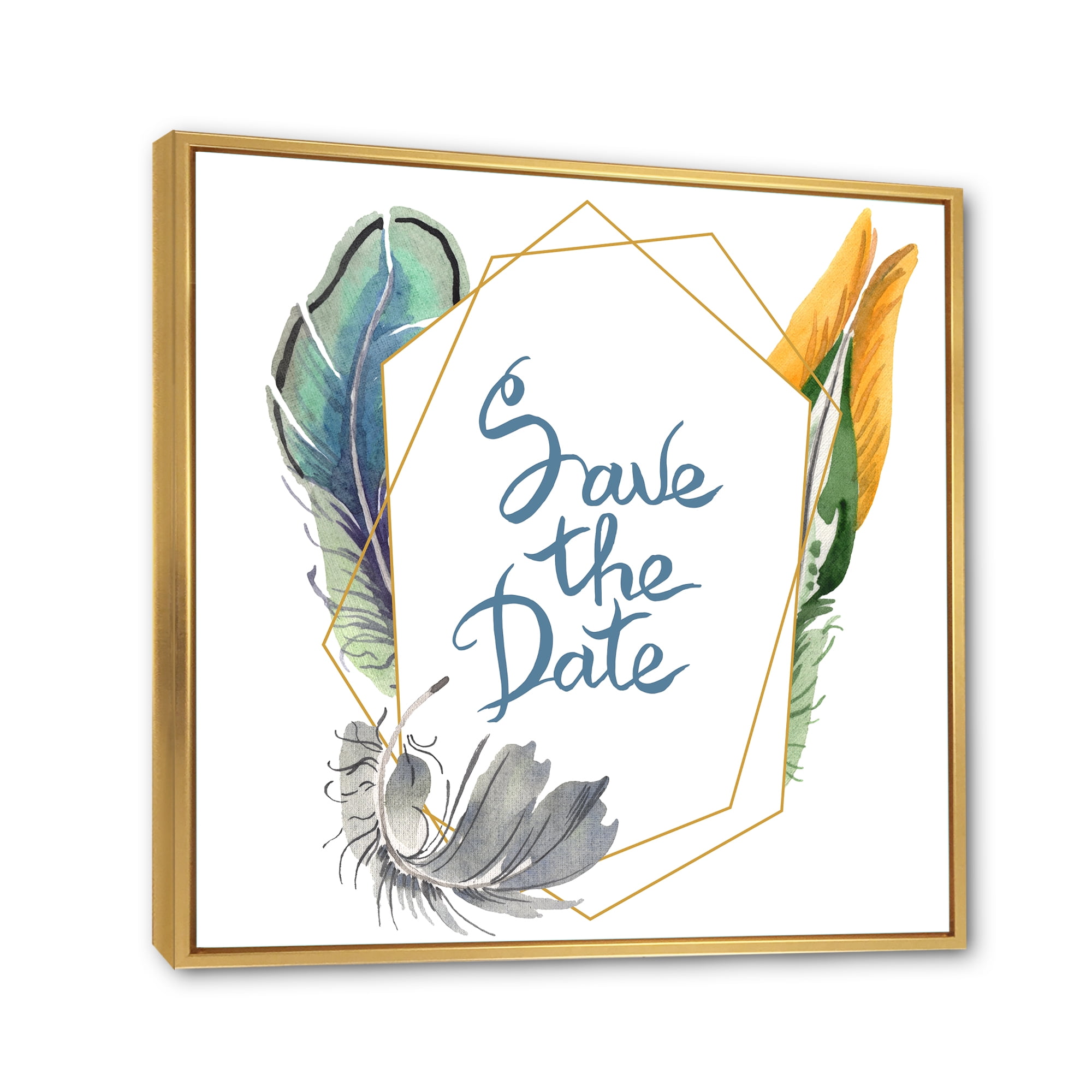 Designart 'Save The Date Bird Blue Feather' Bohemian & Eclectic Framed Canvas Wall Art Print