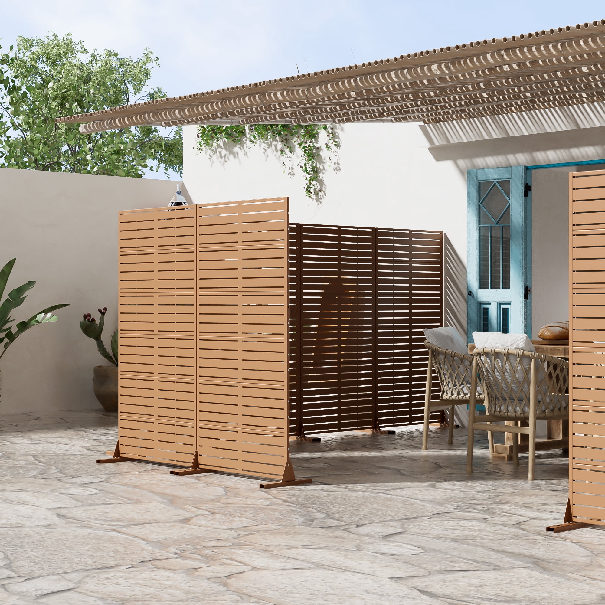MAYEERTY 72×35" Outdoor Brown Metal Privacy Panel Screen for Backyard & Garden, Louvered Pattern