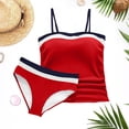 thumbnail image 3 of POUNOO Tankinis pour Femmes Coupe Ajustée Sans Bretelles à Blocs de Couleur à Rayures Détail Froncé Taille Haute Maillots de Bain Style Plage Vacances Cadeau, 3 of 5