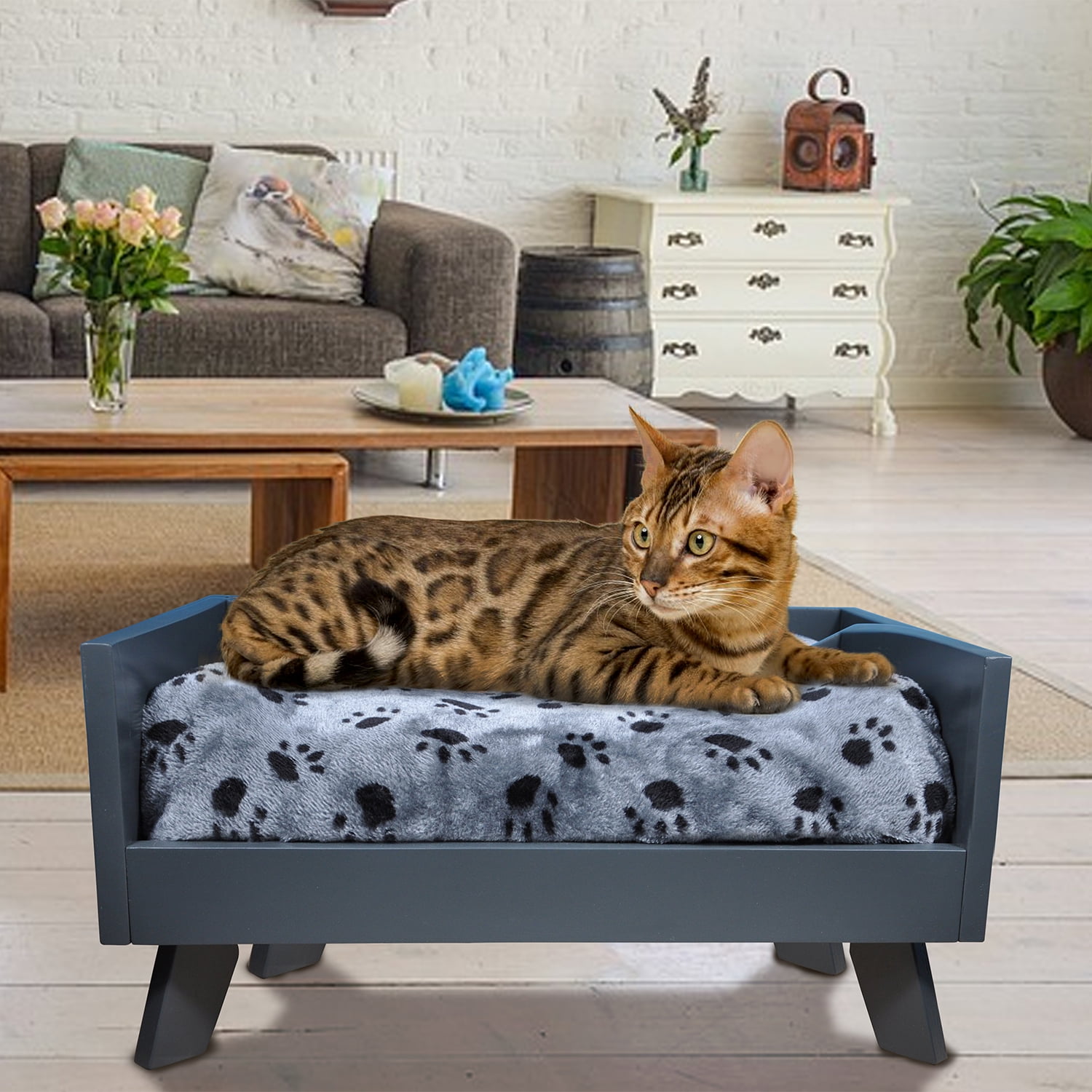 Iconic Pet Sassy Paws Raised Wooden Pet Bed with Removable Cushion for Dogs & Cats - Charcoal Gray - Large