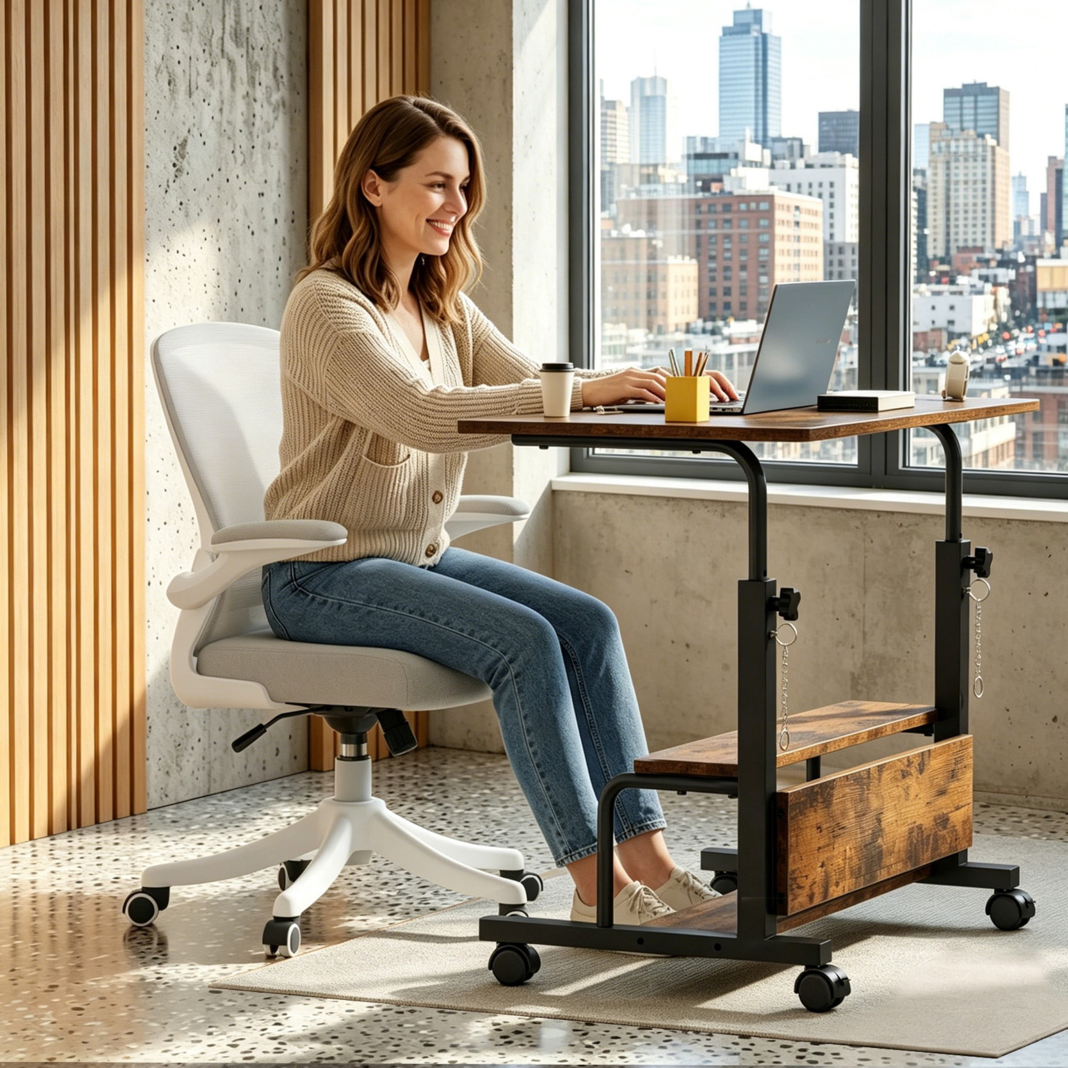 CONCETTA 31.5'' Adjustable Height Rolling Computer Desk with Storage Shelves, Portable Mobile Desk for Small Spaces Home Office, Rust