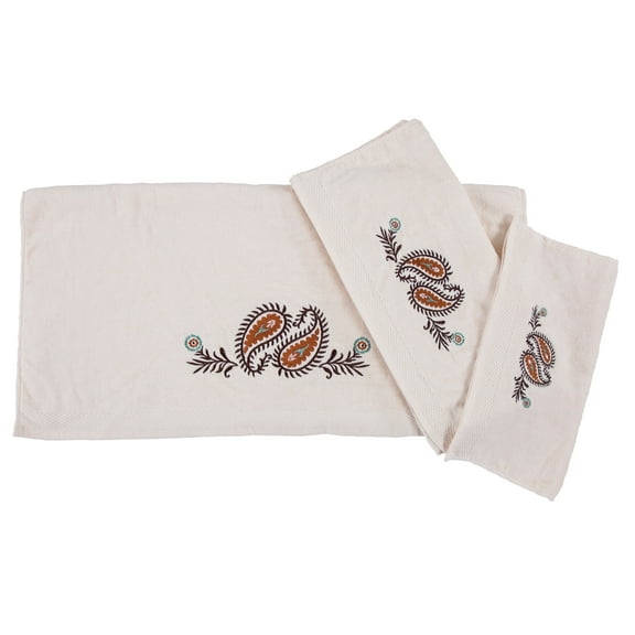 HiEnd Accents Rebecca Embroidered Western Paisley 3 Piece Bath Towel Set, Cream