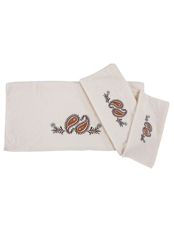 HiEnd Accents  Rebecca Embroidered Western Paisley 3 Piece Bath Towel Set, Cream