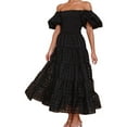 thumbnail image 3 of Women'S Puffy Short Sleeve Square Neck Smocked Tiered A Line Maxi Long Dresses Black M, 3 of 9