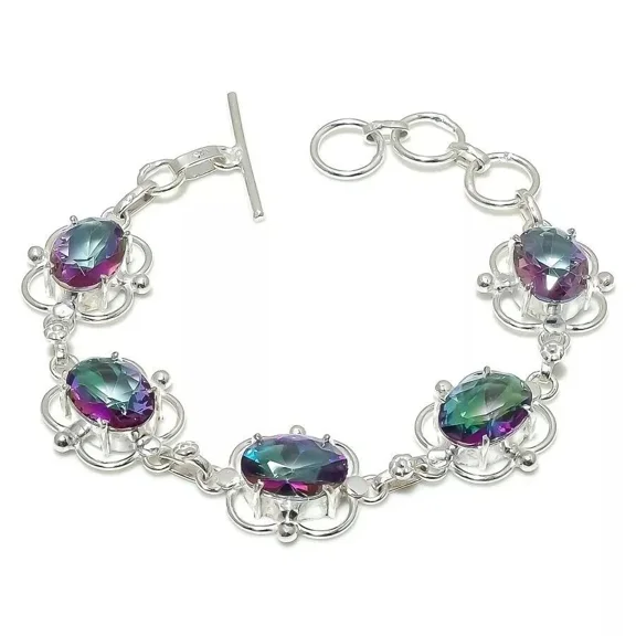 925 Sterling Silver Mystic Topaz Gemstone Jewelry Handmade Chain Bracelet