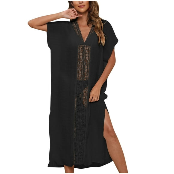 Brnmxoke Swim Cover Ups Women Hollow Lace Dress Floral Robe Boho Loose Kimono Beach Swimwear Dresses Black,Free Size