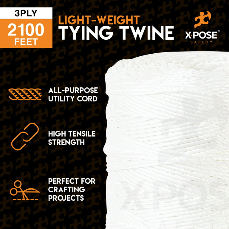 Polypropylene Tying Twine - 3 Ply White Plastic Poly Twine String 2100'  Roll - Soft On Hands - Heavy Duty Outdoor & Indoor Tie Line - Baling Twine