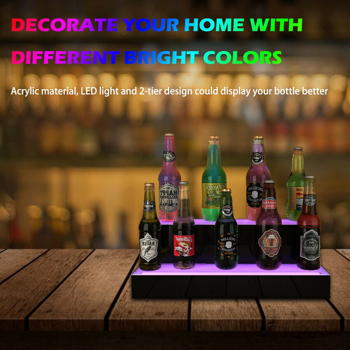 SUNCOO LED Lighted Liquor Bottle Display 20 2 Step Illuminated Bottle Shelf 2 Tier Home Bar Bottle Shelf Drinks Lighting Shelves High Gloss Black Finish with Remote Control 