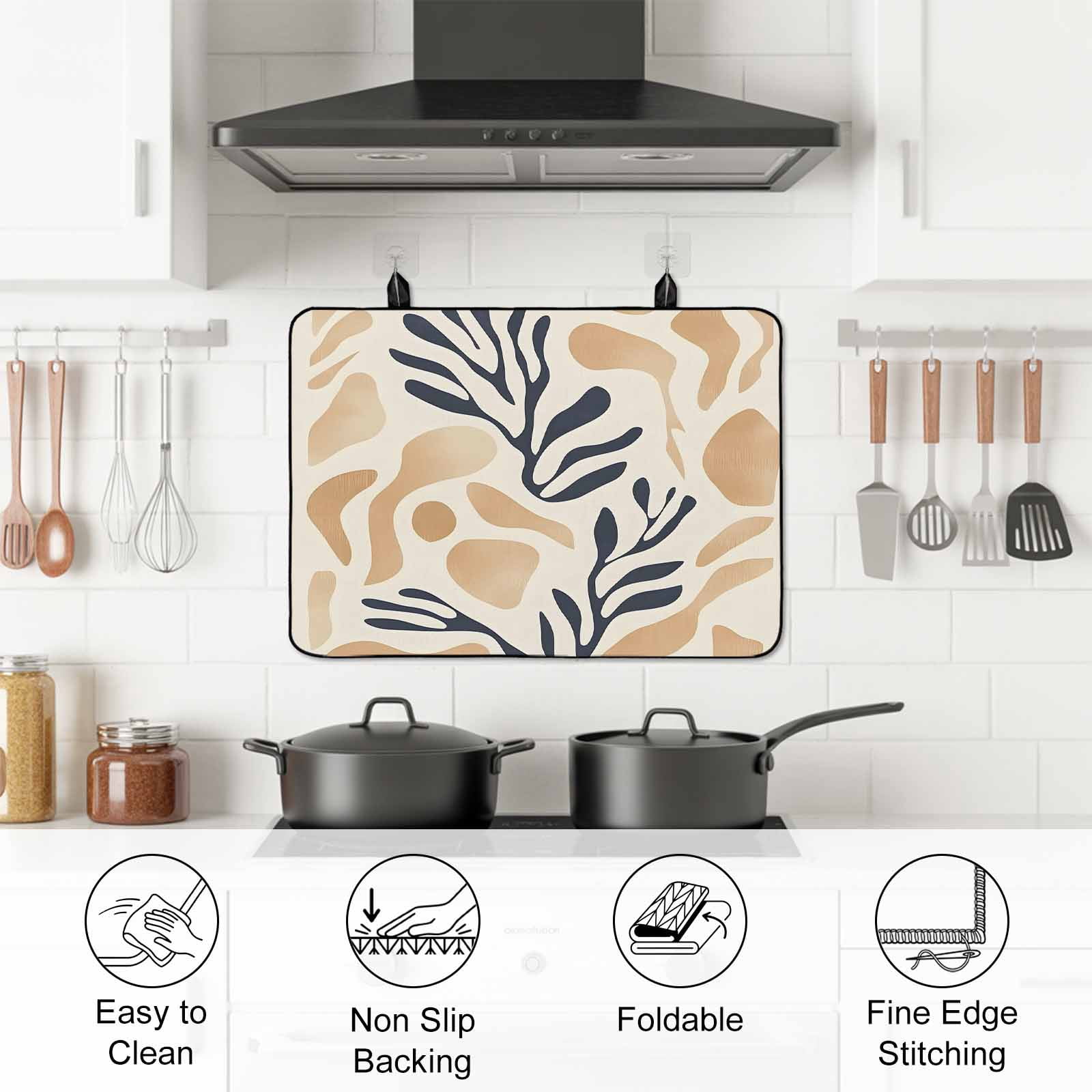 Navy Blue Beige Abstract Stove Top Cover for Electric Stove, Heat-proof & Non Slip Glass Top Stove Cover Protector, Modern Vintage Geometric Kitchen Flat Cooktop Rubber Mat 24x21 Inches