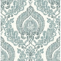 NuWallpaper Kensington Damask Blue Vinyl Peel And Stick Wallpaper, 216-in by 20.5-in, 30.75 sq. ft.