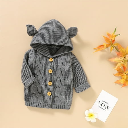 

dmqupv Baby Girl Boy Knit Cardigan Sweater Hoodies Warm Tops Toddler Ear Outerwear Jacket Coat Coats For Girls Sweater Grey 3-6 Months