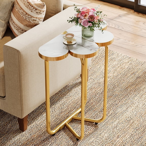 Finmind White and Gold End Table, 26" Faux Marble Narrow Side Table, Half-Flower Accent Side Table Nightstand with Stylish Gold Frame
