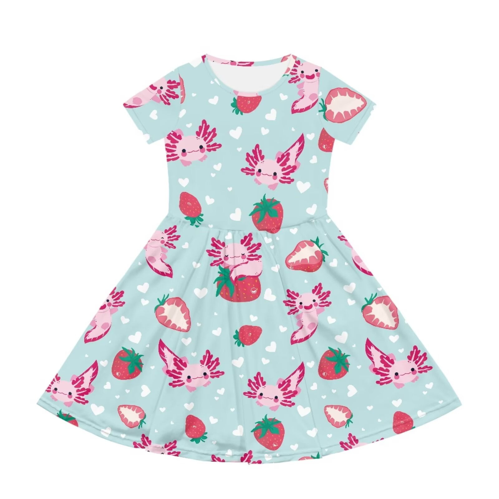 Uourmeti Axolotl Short Sleeve Dresses for Toddler Girls Cute Swing Dress Strawberries Summer Soft Crew Neck Knee Length A-Line Dresses with Pockets