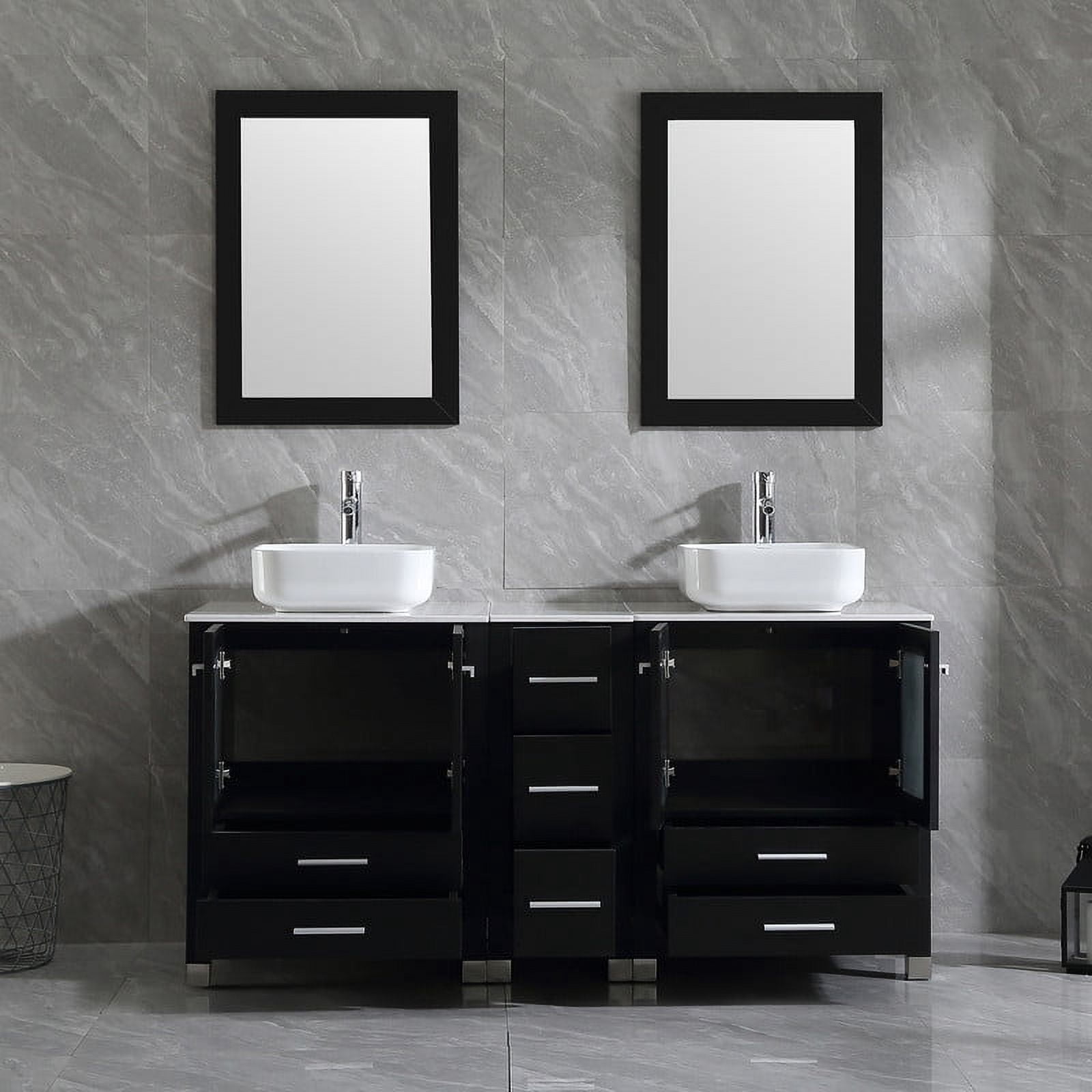 Wonline 60" Luxurious Bathroom Vanity and Sink Combo Wood Cabinet Top Round Ceramic Vessel Sink Faucet Drain Combo with Mirror Vanities Set,Black