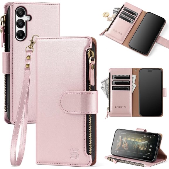 Compatible with Samsung Galaxy A16 5G Wallet Case with Card Holder,PU Leather Phone Case Flip Protective Cover Wrist Strap Zipper Pocket Credit Card Slots RFID Blocking Women Men,Rose Gold