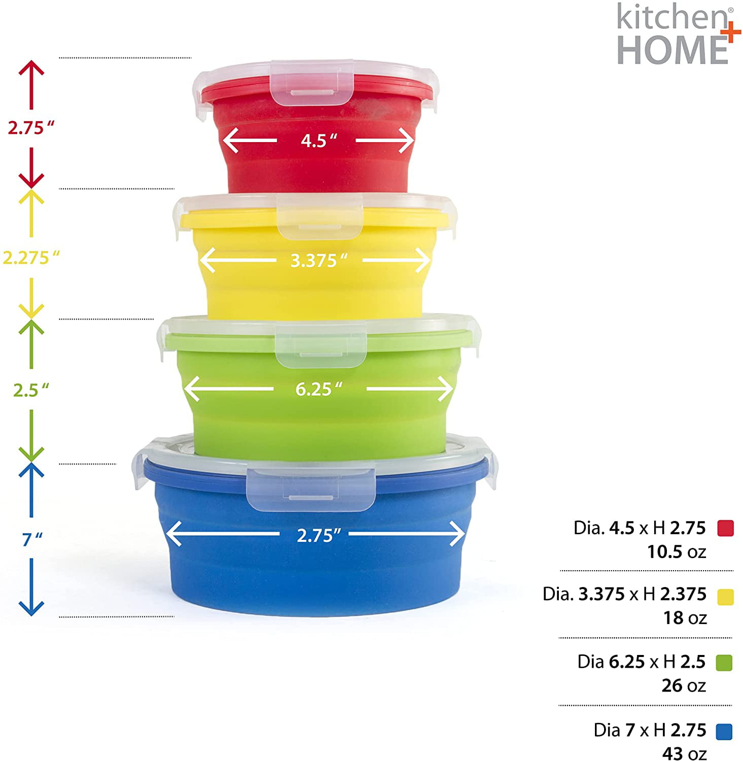 Amazing Containers™ Collapsible Silicone Food Storage Container Set of 4  with Lids | Stackable | Microwaveable | Freezer, Dishwasher Safe| BPA Free