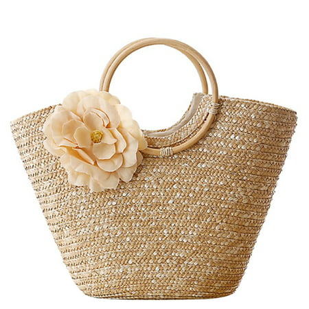 Womens Tote Bag, Coofit Classic Handmade Straw Woven Flower Summer Beach Travel Satchel Handbags Top Handle Hobo Bag Basket Purse for Ladies Girls