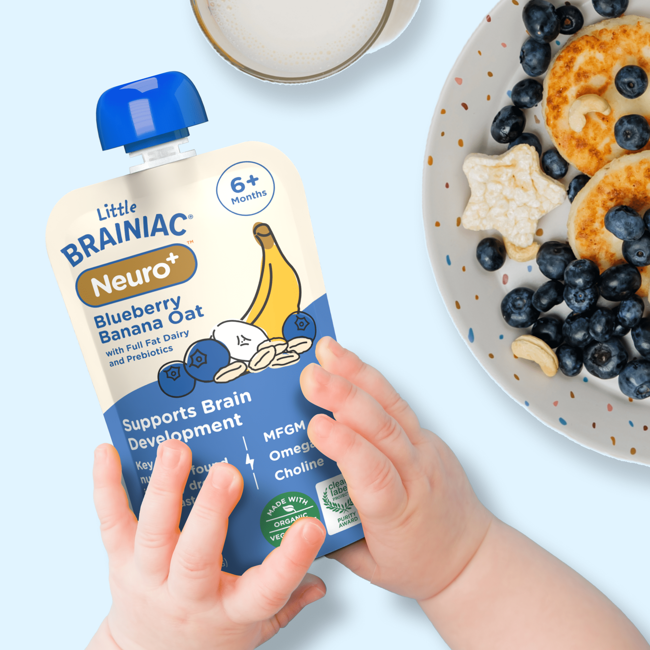 Little Brainiac Neuro+ Smoothie Baby Food Pouch with Omega-3s and Prebiotics, Blueberry Banana Oat, 3.5oz, 6ct