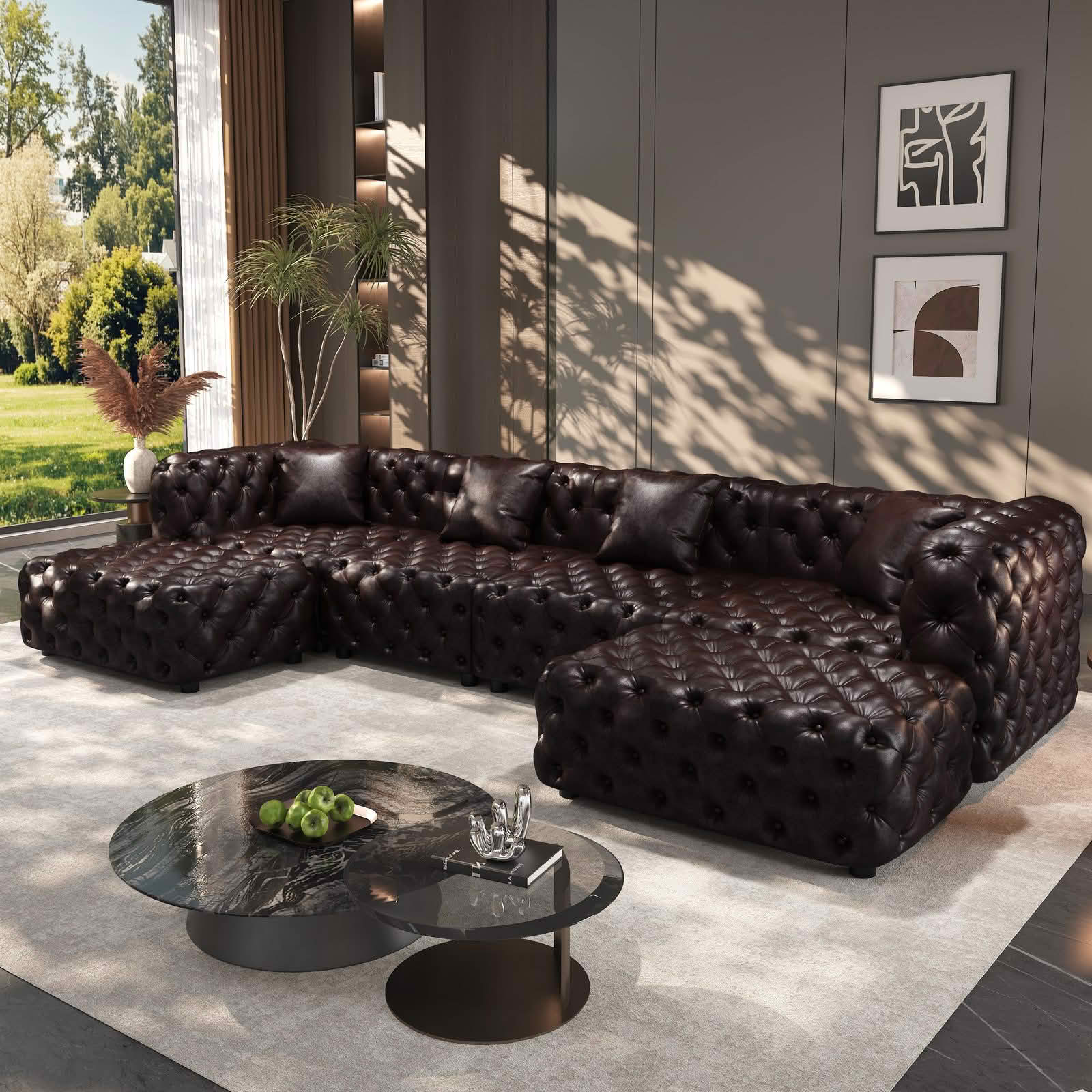 MAYEERTY 134.4" 4‑Seat Faux‑Leather Modular Sofa Set, Handcrafted Button Tufted Couch with 2 Ottomans & 4 Pillows for Living Room & Small Apartment