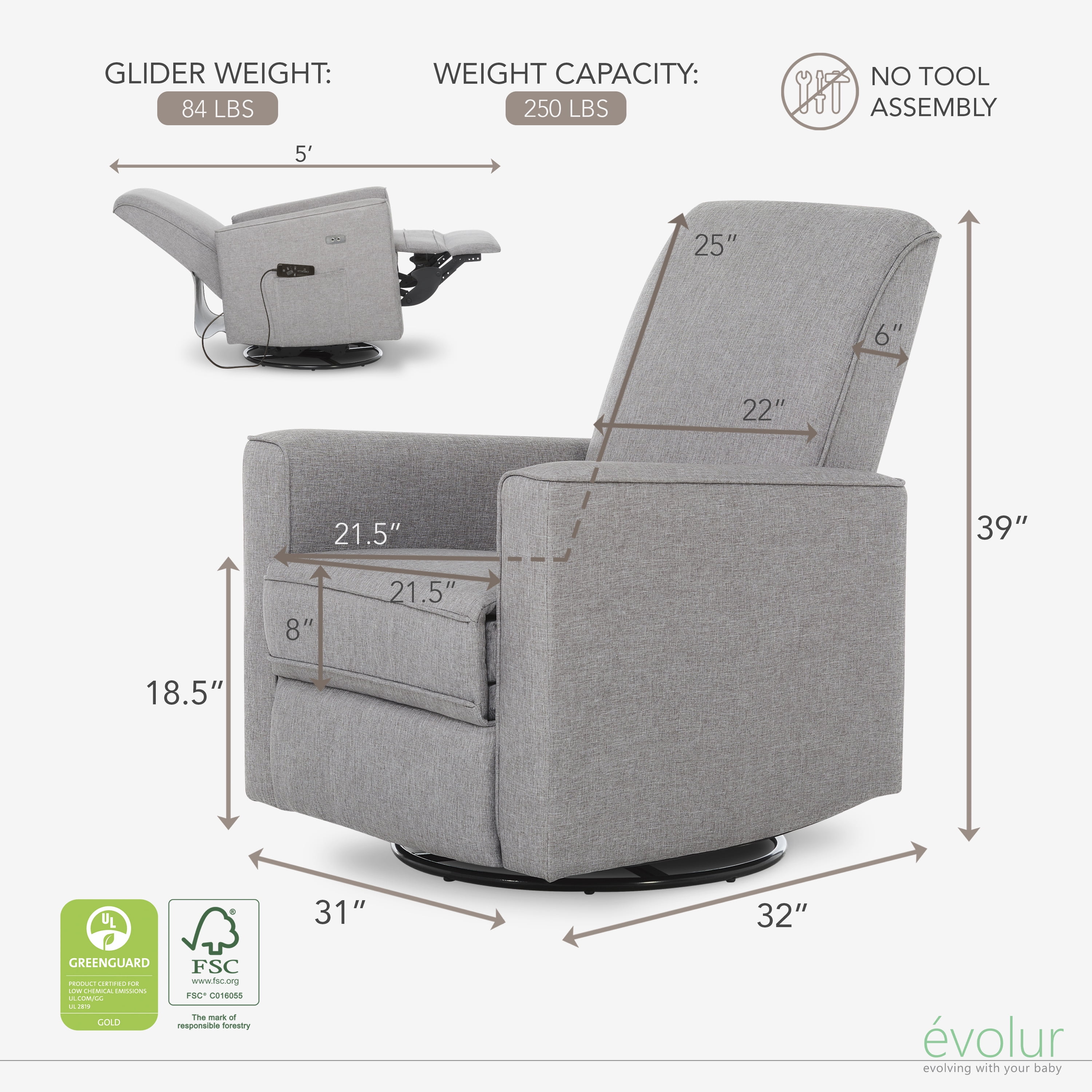 Evolur Harlow Deluxe Upholstered Plush Seating Glider Swivel, Rocker, Power Recliner USB Port with in-Built Massager, Greenguard Gold Certified, Glider Chair for Nursery in Light Grey