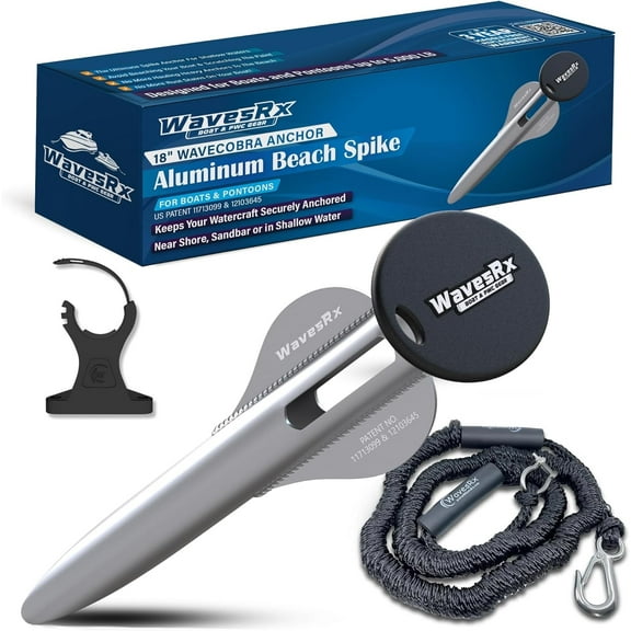Patented Aluminum Spike Beach Anchor (18") for Boats, Jet Skis & PWCs | Ultra-Light Sand Anchor Keeps Watercraft Secure Near Shore, Sandbar & Shallow Water | Complete Bundle with Bungee Dock Line