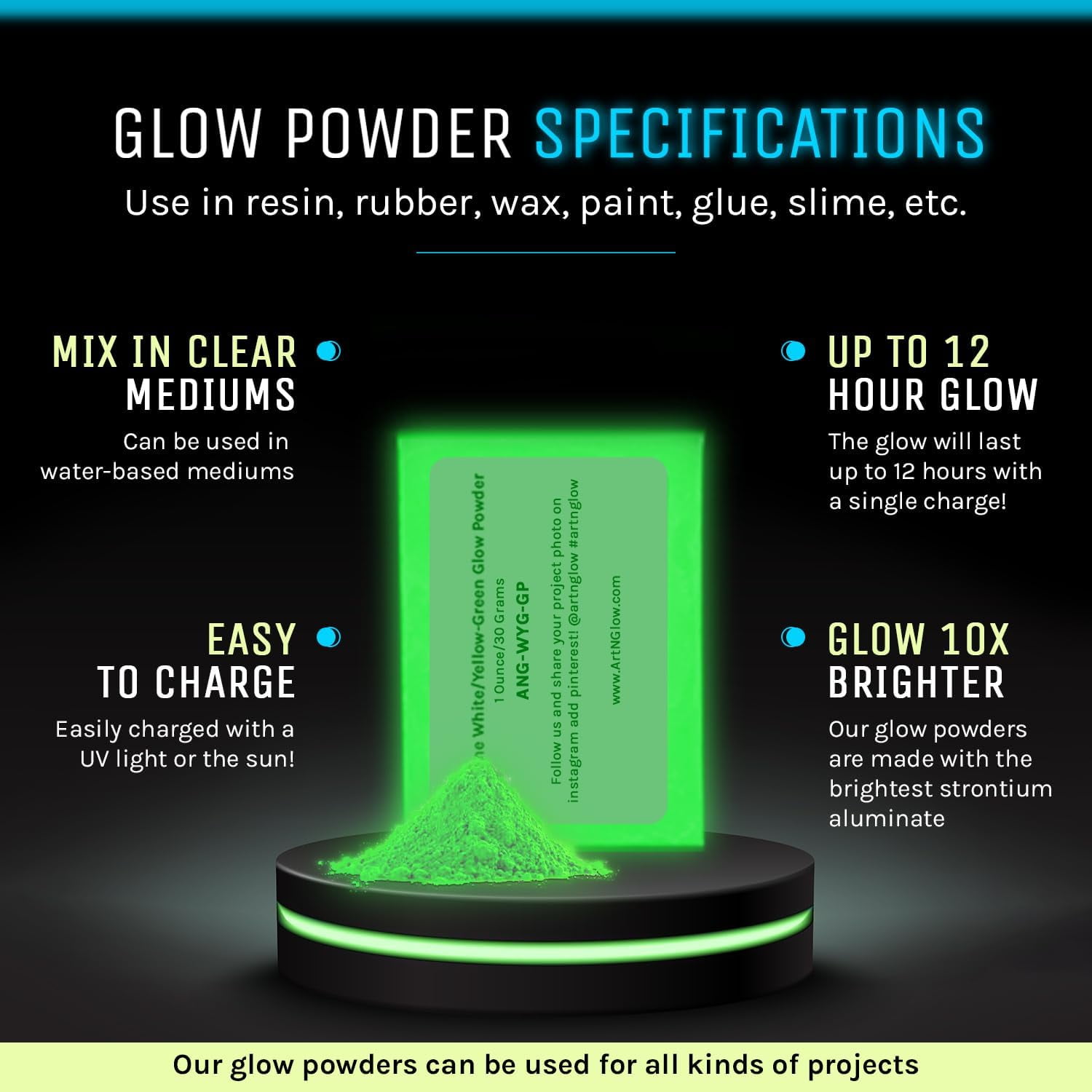 Glow in The Dark Pigment Powder - Neutral and Fluorescent Color for Art Painting, Fine Art, Nail Art Paint, and DIY Crafts - Non-Toxic, Long Lasting 10+ Color Options - Fluorescent Blue - (240 Grams)