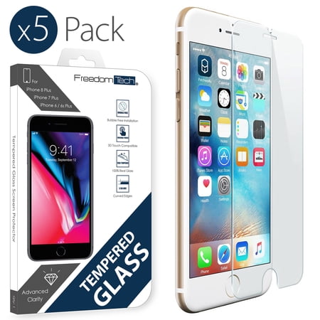 [5-Pack] iPhone 8 / 7 Plus Tempered Glass Screen Protector, FREEDOMTECH iPhone 8 / 7 / 6 / 6s Plus Tempered Glass Screen Protecor Anti-Scratch, Anti-Fingerprint, Bubble Free [3D Touch Compatible]