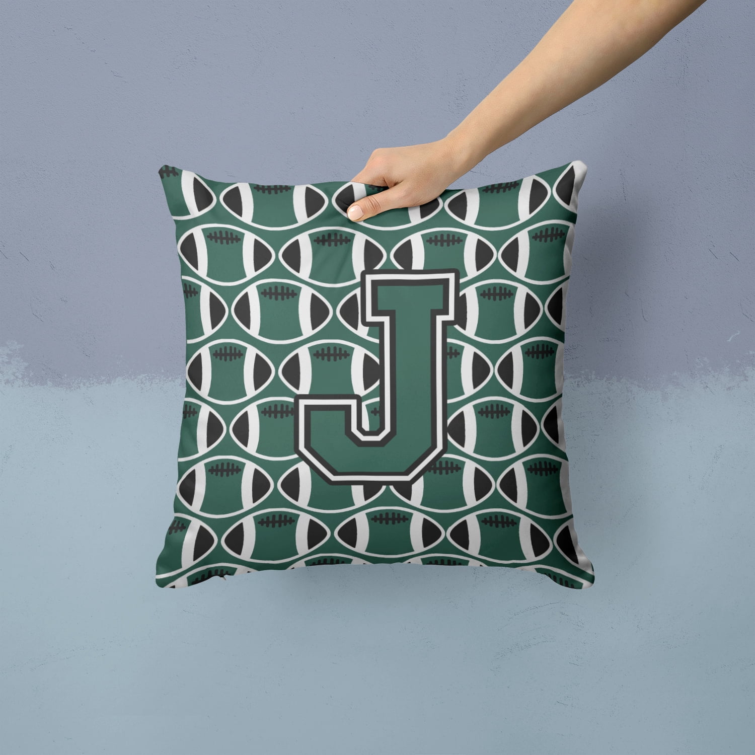 Carolines Treasures CJ1071-JPW1414 Letter J Football Green & White Fabric Decorative Pillow