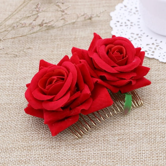 FRCOLOR Red Rose Flower Hair Comb for Women and Girls Perfect for Wedding Bridal and Tropical Theme Parties