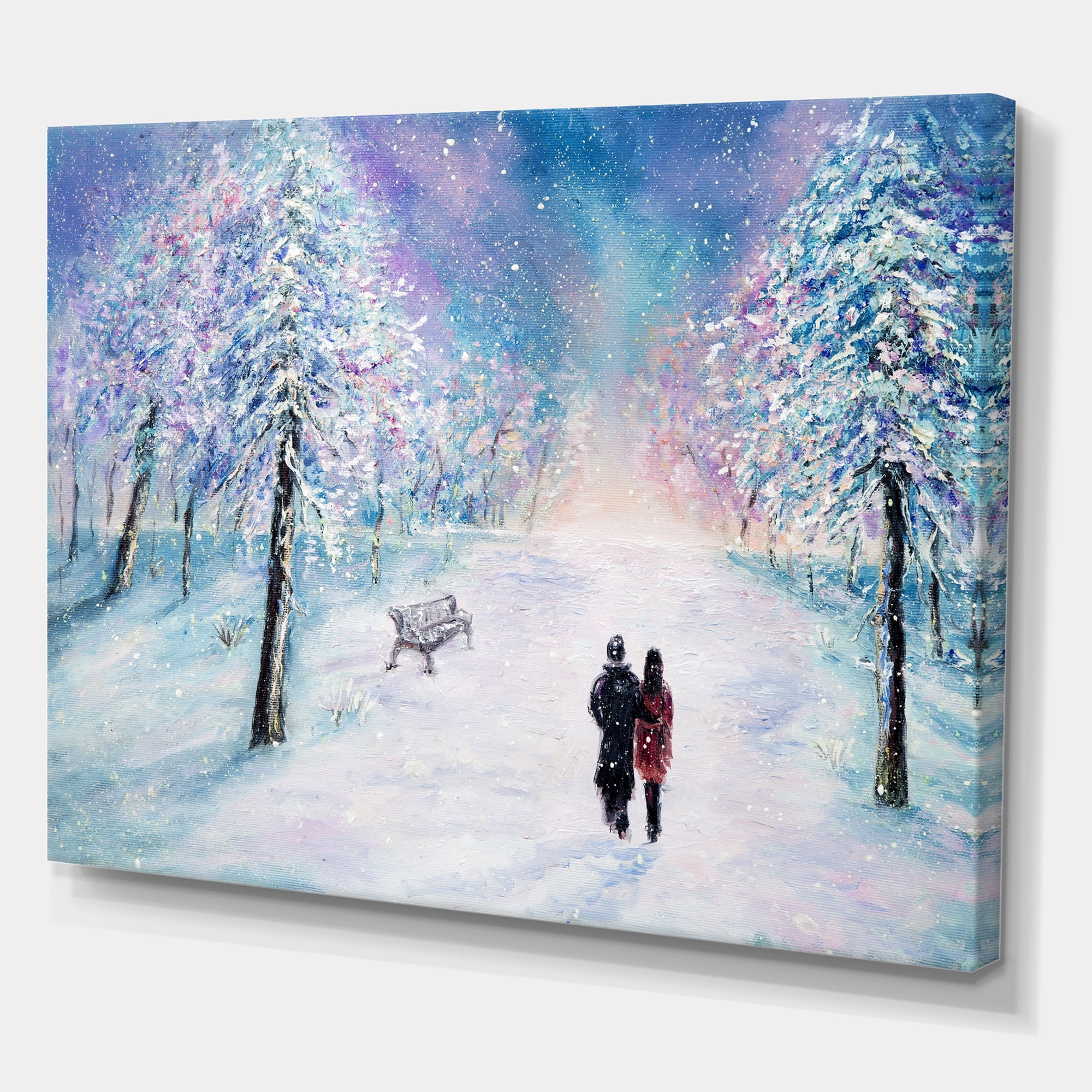 Designart ' Couple In Love Walks During Snowy Winter Times ' Traditional Canvas Wall Art Print