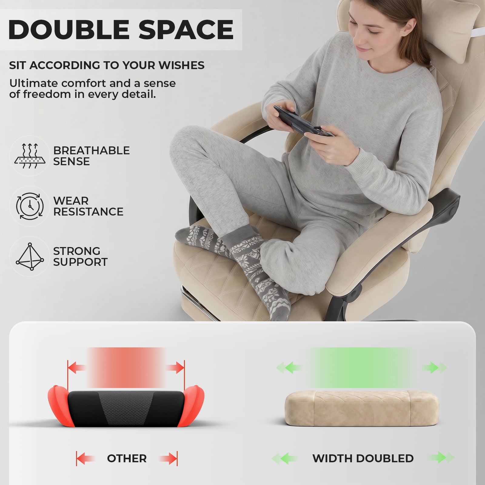 Gaming Chair 49.21 Inch, Ergonomic Computer Chair with Massage Lumbar Support and Adjustable Height, Video Gamer Chair for Office and Gaming, Beige