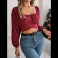 thumbnail image 4 of Blusa Corta con Volantes, Cuello Cuadrado y Fruncido para Mujer, Larga y Lazo Anudado Rojo Vino XL, 4 of 10
