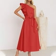thumbnail image 2 of SMihono Women's Ruffle One Shoulder Dress Solid Color Bowknot Sash Tie High Waist A-Line Swing Party Dresses Red 8, 2 of 6