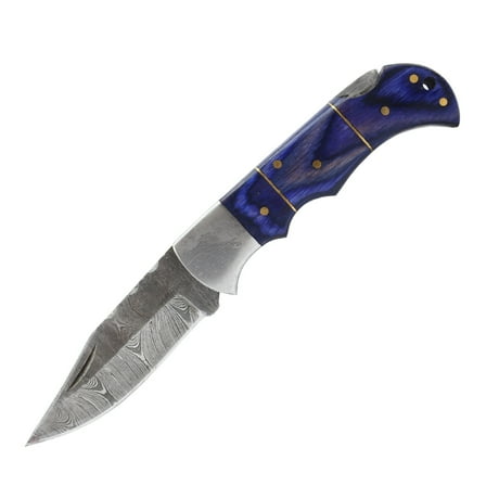 TheBoneEdge 6.5" Damascus Blade Folding Knife Blue Wood Handle With Pouch