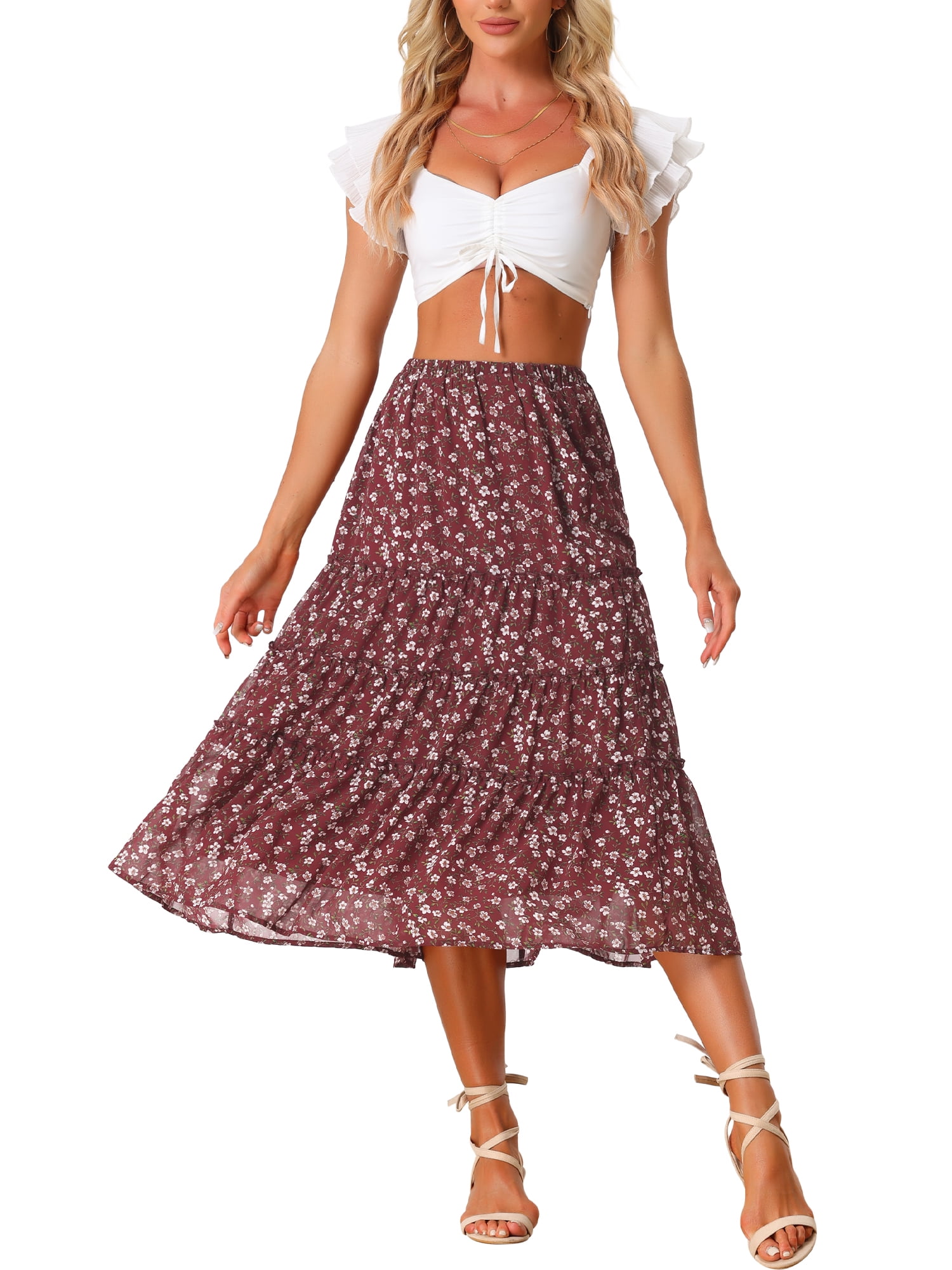 DARING DIVA Women's Chiffon Tiered A-Line Maxi Skirt S Brown