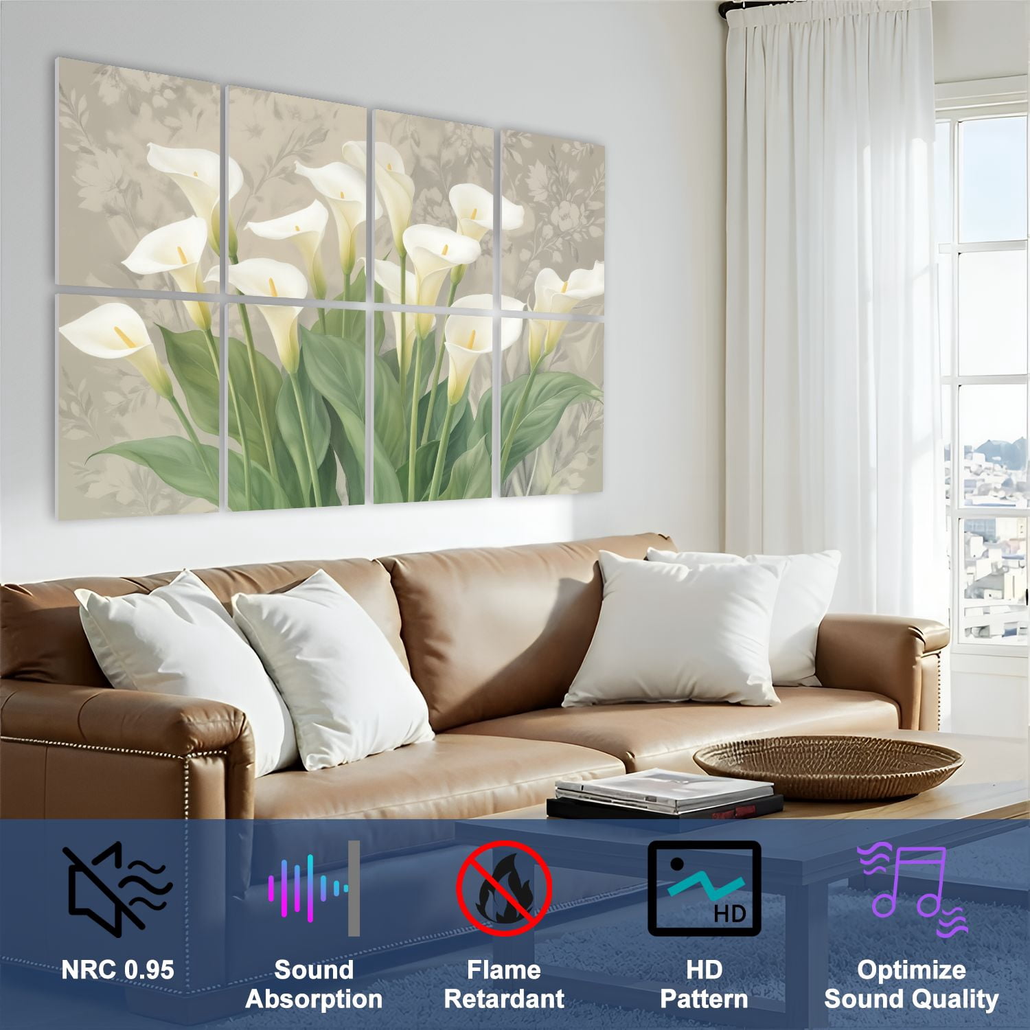 8 Pack Art Acoustic Panels Sound Absorbing Elegant White Calla Lilies Green Leaves Soft Botanical Decorative Soundproof Wall Panels Self Adhesive for Nursery Game Room Bedroom 48"x32"