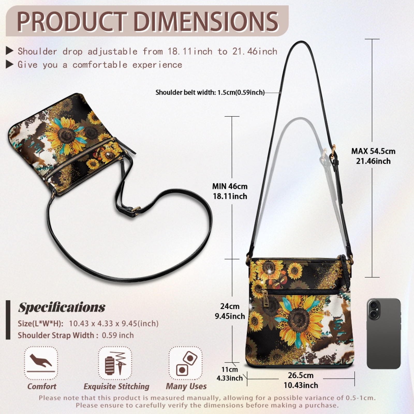 LedBack Sunflower Cow Print Leather Hobo Purse Crossbody Satchel Bag Sling Shoulder Purse with Adjustable Strap, Zipper Cross Body Messenger Bag for Travel Shopping Work, Brown