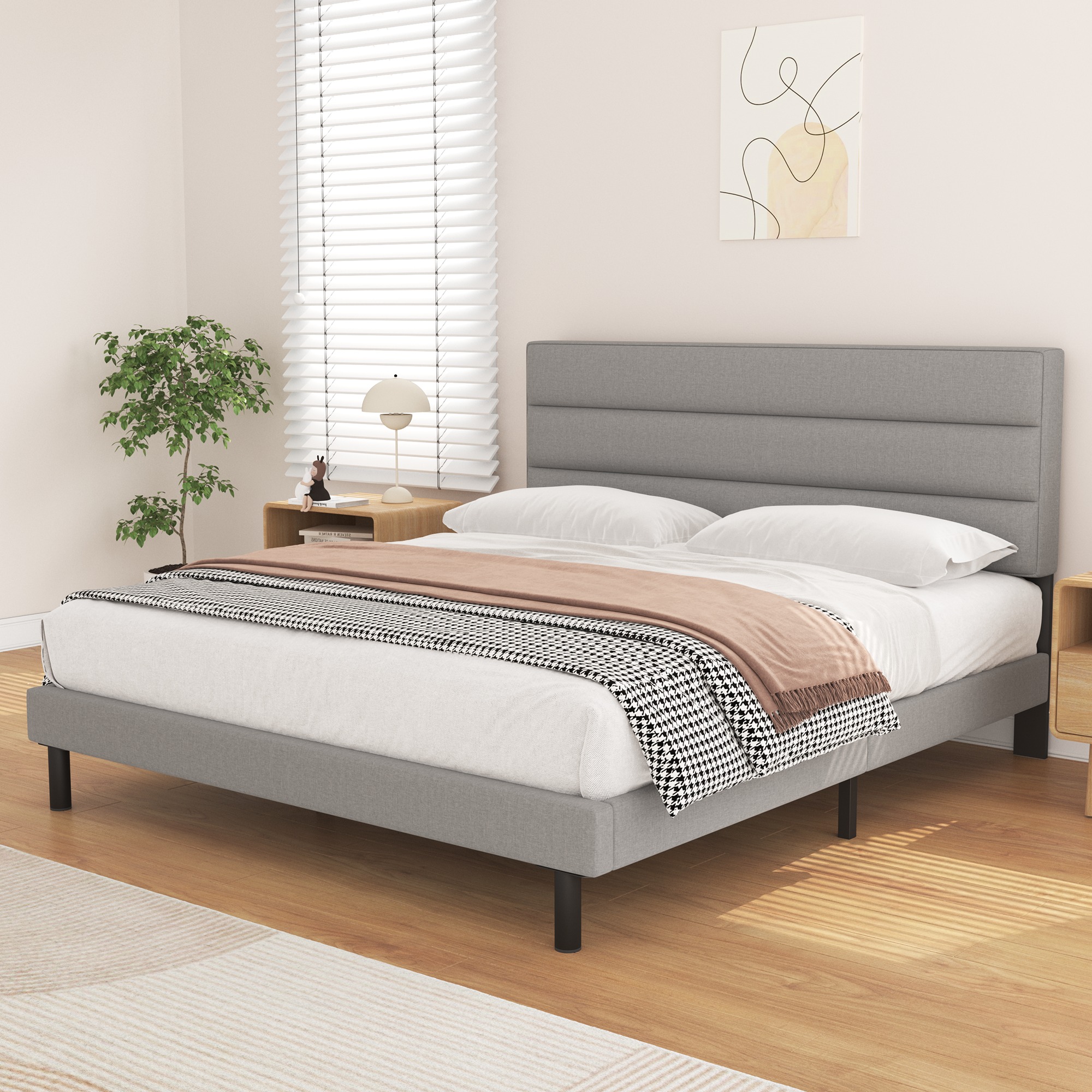 Queen Bed Frame, HAIIDE Queen Size Platform Bed with Wingback Fabric Upholstered Headboard, Light Gray - image 3 of 8