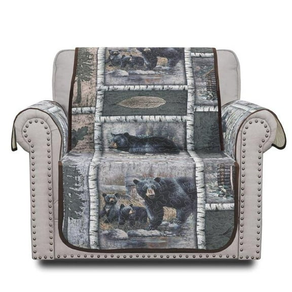 De Leon Collections Bear Lodge Patchwork Woodland Cabin Black Bear Birch Themed Armchair Recliner Furniture Slipcover