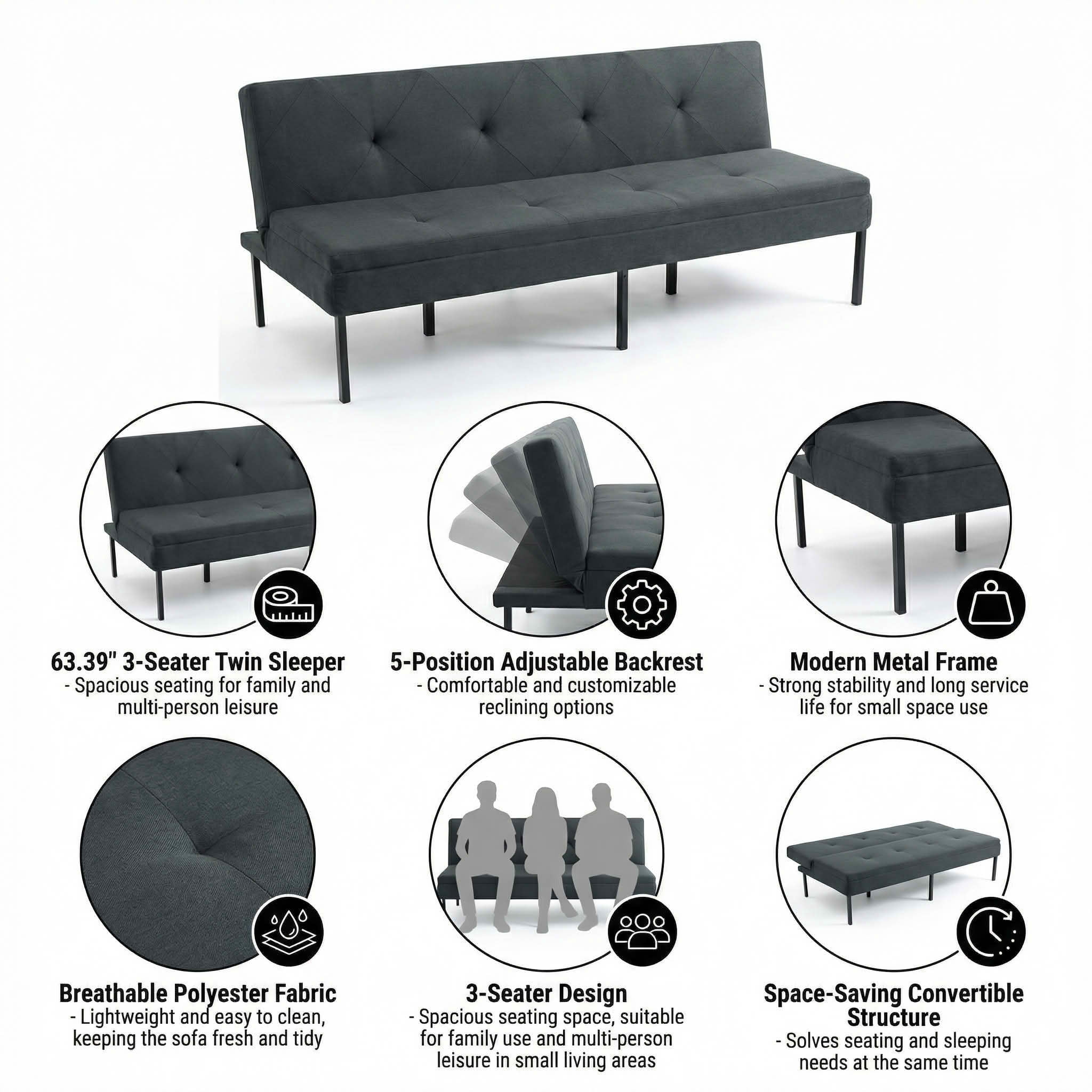 MAYEERTY 63.39" Convertible Futon Sofa Bed, 3-Seater Twin Size Sleeper Couch with 5-Position Adjustable Backrest, Modern Metal Frame Polyester Fabric Sofa for Small Spaces