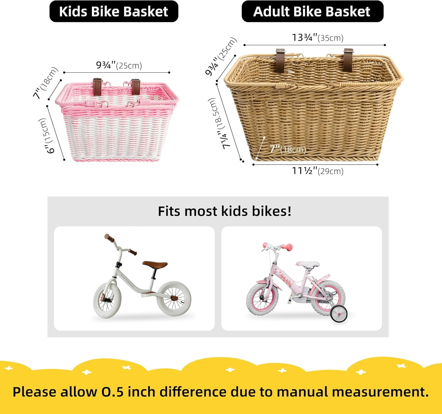Kids Bike Basket, Front Bicycle Bike Baskets for Kids, Small Wicker Bike Basket for Boys and Girls, Small Wicker Basket for Bike, 9¾" x 7" x 6", 1-Pack