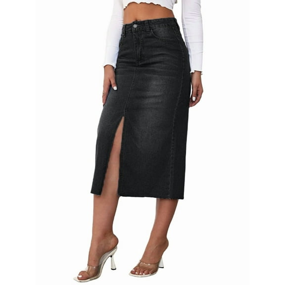 Women'S Jean Skirt Stretch High Waisted Frayed Raw Hem A Line Denim Midi Skirt with Pockets Black M