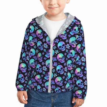 

Qekee Skull flower tie dye Print UPF 50+ Kids Sun-Protective Hooded Long Sleeve Rash Guard for Fishing Water Beach Sports -4 Years