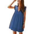 thumbnail image 3 of VISgogo Vestido casual para mujer, manga voladora, cuello en V, ahuecado, color sólido, suelto, vestidos acampanados VISgogo moda, 3 of 6