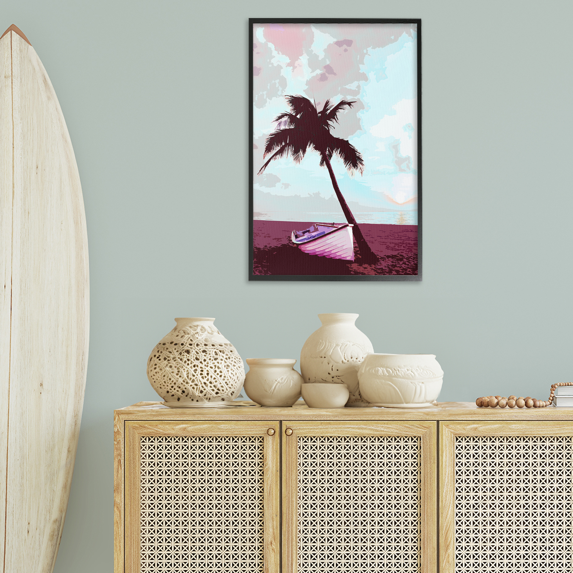 Stupell Industries Boat & Palm Tree Landscape Painting Black Framed Art Print Wall Art, 20 x 30