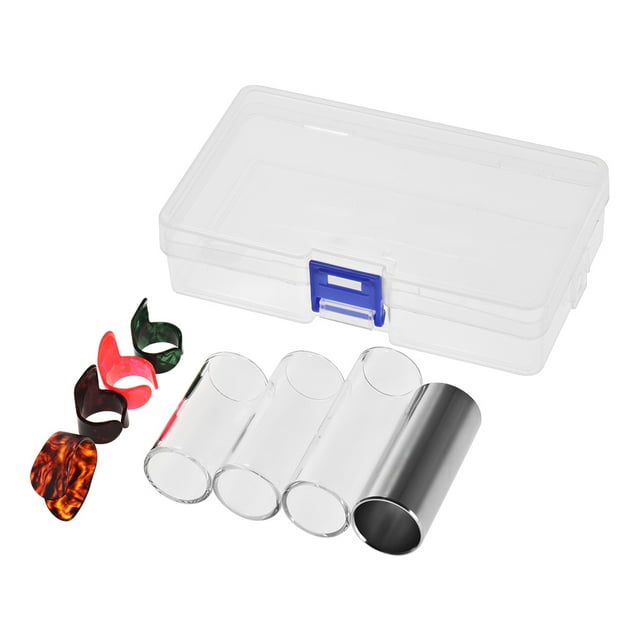Yeacher Guitar Slides Set Includes 3 Glass Slides (5.1cm/ 6cm/ 7cm) + 1 Stainless Steel Slide (6cm) + 4pcs Celluloid Thumb & Finger Picks(Random Color Delivery) with Storage Box