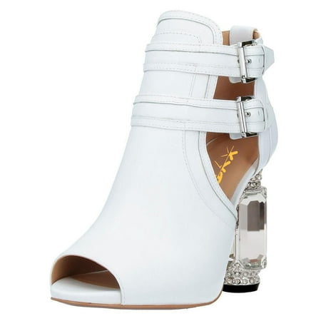 

XYD Women Fashion Peep Toe Ankle Booties Crystal Block Heels Double Buckle Strap Cut-out Pumps Chic Dressy Shoes Size 12.5 White